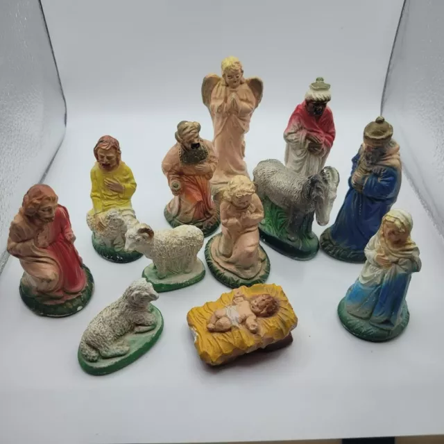 Vtg Chalkware Nativity Set 12 Pieces Sheep Donkey Baby Jesus Christianity