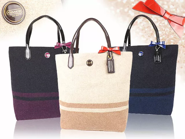 NWT! COACH 24655 Signature Stripe Wool Tote North South Passion Berry & Charcoal