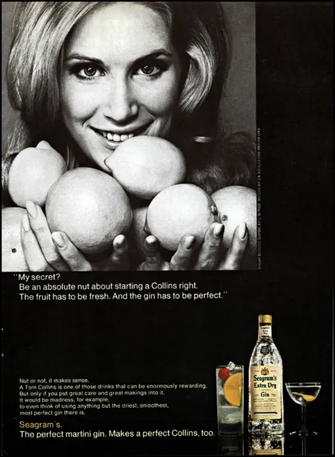 1968 Woman holding fruit Seagram's Gin Tom Collins vintage photo print ad ads69