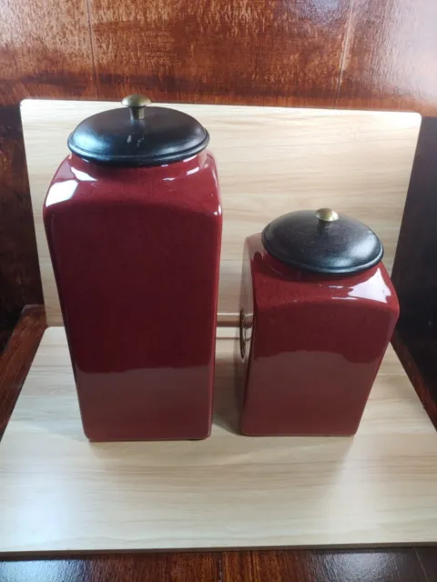 PIER 1 Import Rustic Brick Red 2 PCs Ceramic Canister Set W/ Vacuum Sealed Lids 2