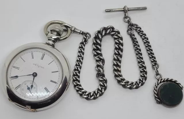 1899 ELGIN Sterling Silver Victorian Gents Pocket Watch &Hallmarked Silver Chain