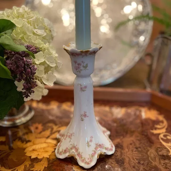 Antique Haviland H & Co L Limoges Porcelain Candlestick, Pink Roses, Gold Trim