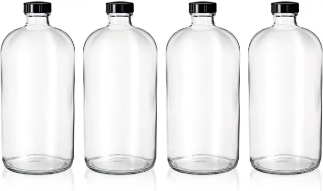 4 Pack - 32Oz Kombucha Brewing Bottles - Boston round Clear Glass Growlers