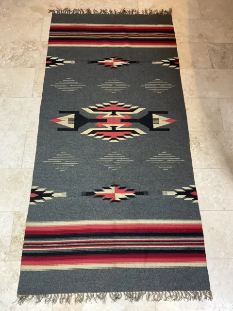 VTG Chimayo Handwoven Wool Blanket Rug Wallhanging Gray/Red/White 34"x70"