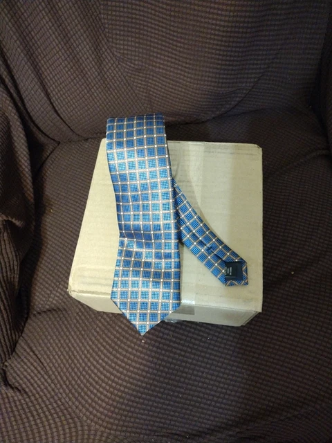 New w 🏷️ Jos A Bank Dark Blue Silk Tie w Brown & Gold Squares, Checker 58x3.25”