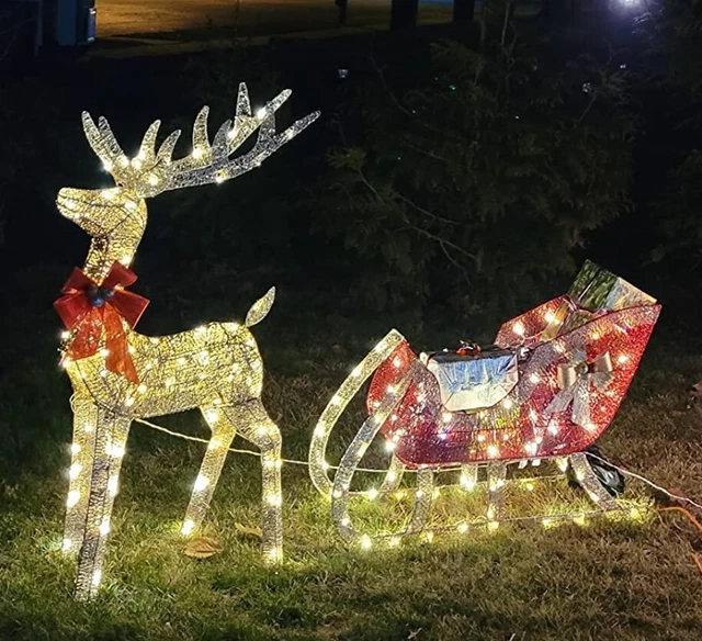 LIGHTED CHRISTMAS REINDEER & Sleigh PreLit 4 x 6 ft Outdoor Holiday