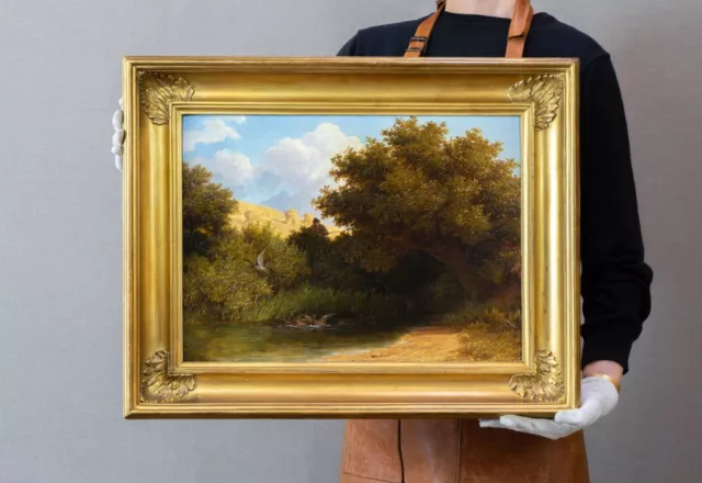 Hunting in the Woods, 19th Century English Landscape Oil Painting, Antique Frame