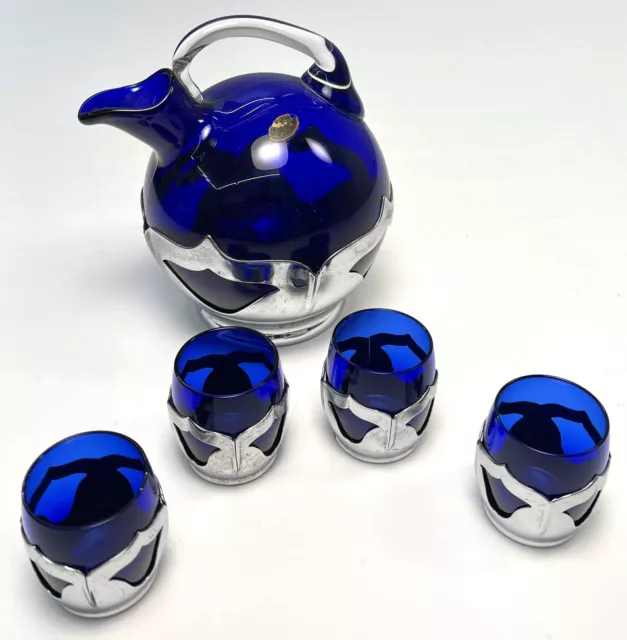 VTG 1932 FARBER BROTHERS Cambridge Hand Blown Cobalt DECANTER & 4 CORDIALS Set