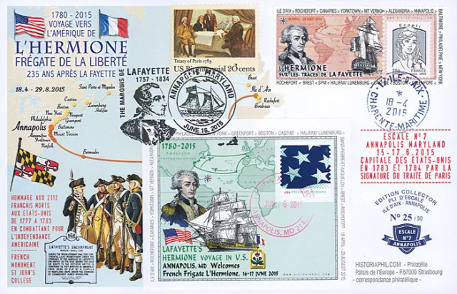 Maxi FDC FRANCE-USA "Stopover No. 7 in Annapolis - HERMIONE / LAFAYETTE" 2015