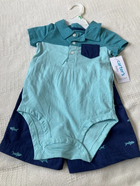 Carters baby boy 2 piece blue/green shark knit /cotton short outfit size 18M NWT 2