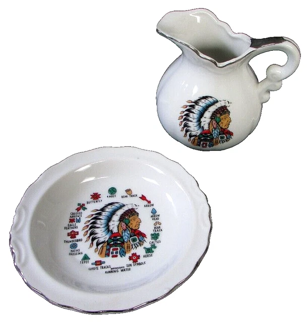SLEEPY EYE INDIAN Chief Jug Pitcher and Plate Dish Lot 50s 60s Vintage