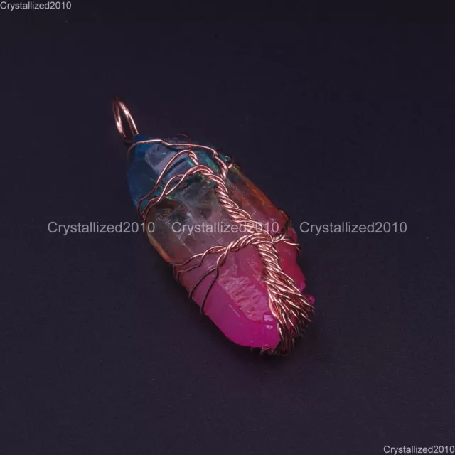 Natural Gemstone Quartz Crystal Rainbow Titanium Coat Handmade Life Tree Pendant