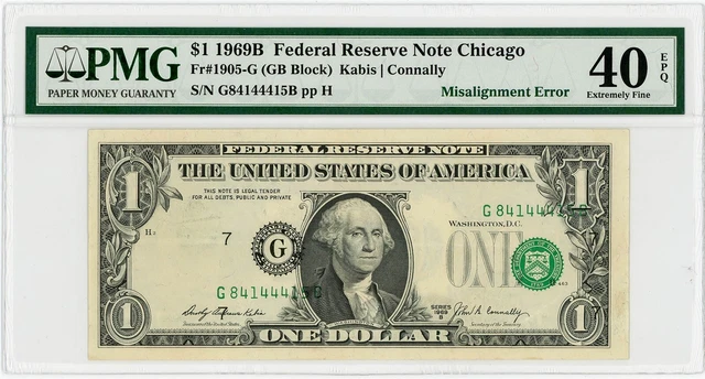Fr #1905-G $1 1969B Federal Reserve Note Chicago Error EF40 EPQ PMG 942122-2