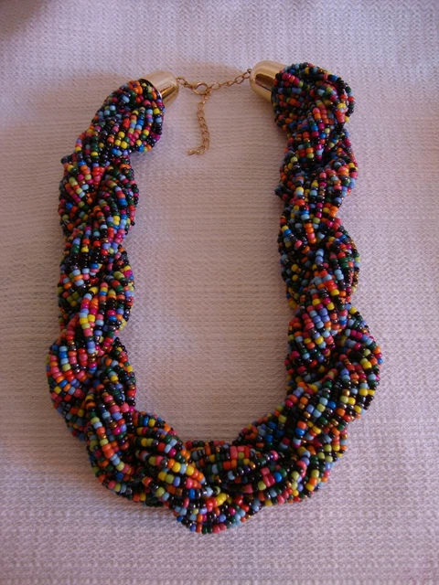 Collier Imposant En Perles Rocaille Multicolores - Torse Doré - Très Bon état Occasion