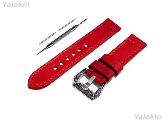 Red Color Brushed 18-25mm Double Sided Stitched Leather Band Strap for Watches