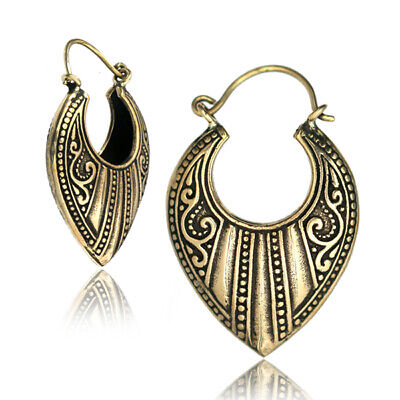 Pair Brass Tribal Ornate Earrings Plugs Gauges Hangers Ear 1" 5/8 Long