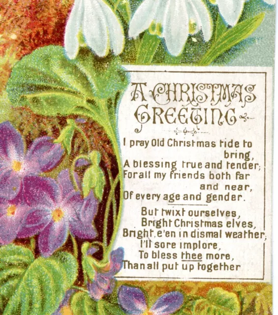Christmas Card flowers & poem greetings antique printed die cut #30 Victorian