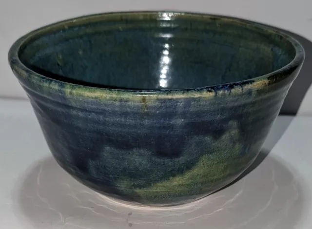 Vintage Handmade Art Pottery Bowl Blue And Green Drip Glazed Lg Salad Soup Bowl