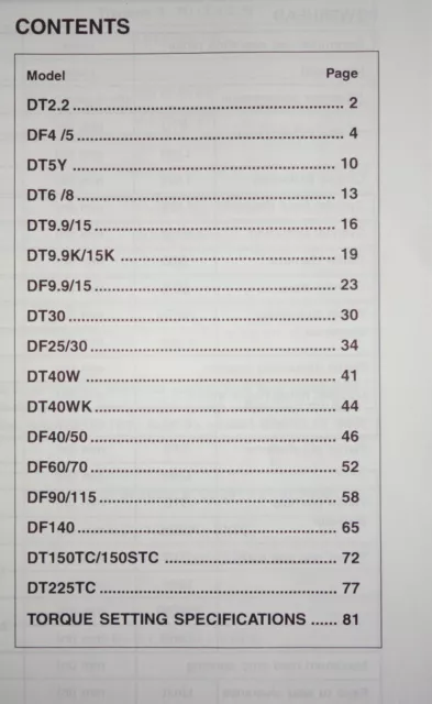 Service Data & Spécifications Techniques Suzuki Outboard Moteur pour 2002 Models 2