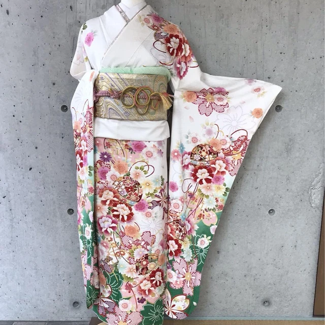 Japanese Kimono Pure Silk Long-sleeved Kimono Furisode 168cm Floral White/Pink