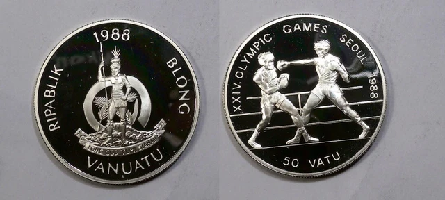 1.0111 Ounce Silver 1988 Vanuatu 50 V Olympic Proof Boxing #499-70