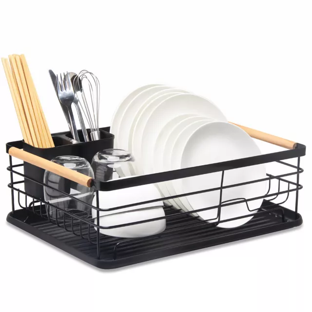 UK Large Kitchen Dish Drainer Rack With Drip Tray Cutlery Cup Plate Holder Black