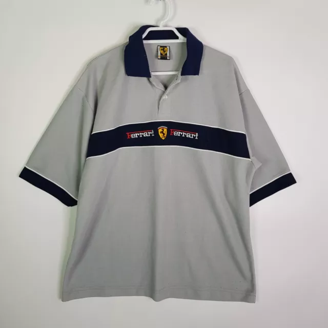 Vintage Official Ferrari Casual Polo Shirt Men’s Size L Grey Navy Front Logo
