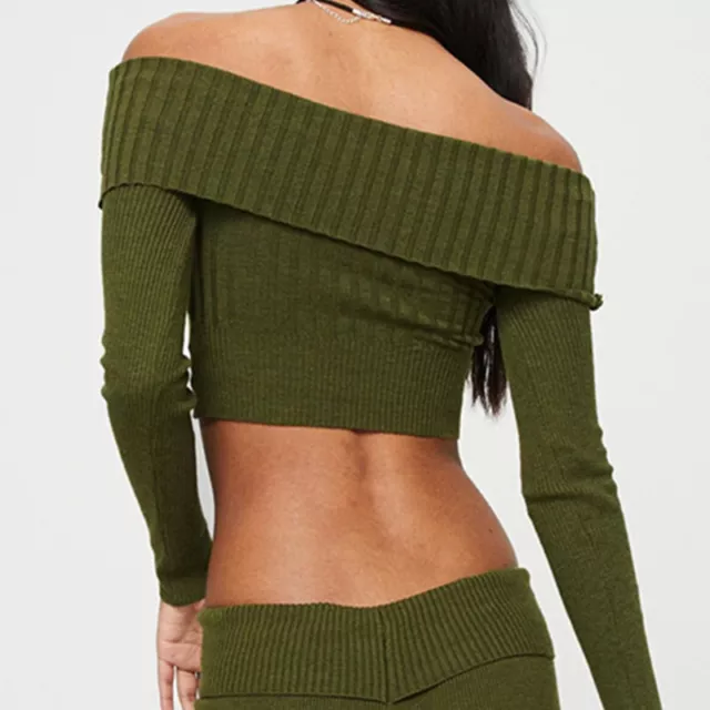 Boat Neck Long Sleeve Knitted Sweater Off-shoulder Crop Short Top SFor Womens Cl 3