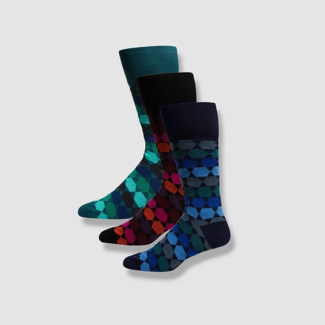 $100 Paul Smith Men 3-Pair Pack Black Geo Print Cotton Logo Dress Socks One-Size