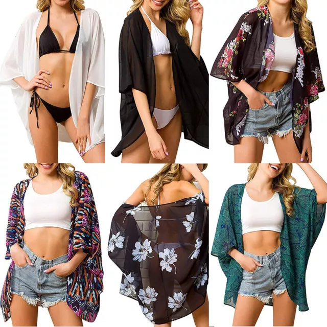 Summer Laides Boho Floral Cardigan Kimono Shawl Beach Cover Up Tops Blouse Coat