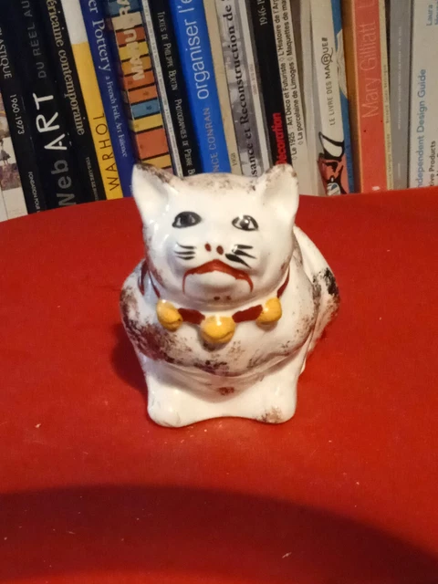 Ancienne Tirelire à Casser – Chat En Plâtre Avec Nœud – Hauteur 19,2 Cm