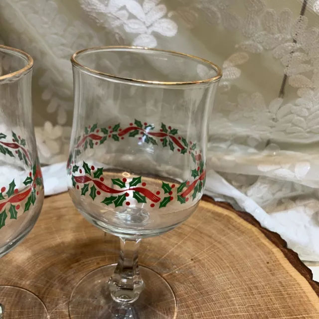 Vtg Libbey Set Of 2 Holly Berry Christmas Wine Glasses Water Gold Rim Goblets 3