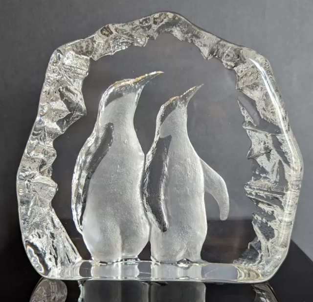 Large 6" Mats Jonasson Signed 2 Penguins Art Glass Crystal Sculpture Sweden 3154