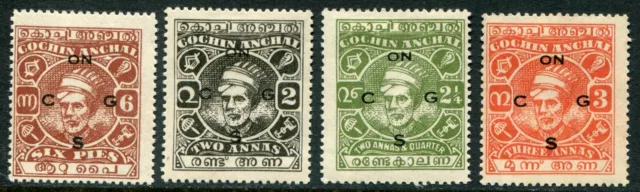 India (Cochin) 1943-44 perf 13x131⁄2 x4 valores O.69, O.71-O.73 hm (cat. £35,50)