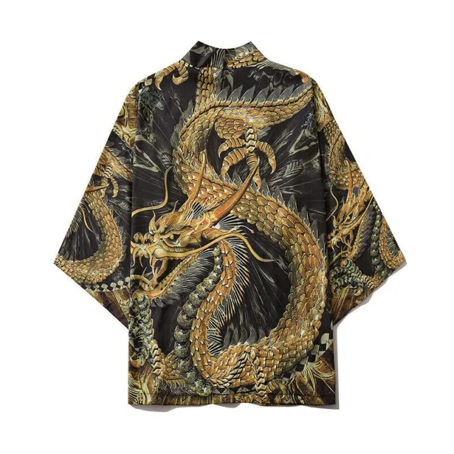 Men Retro Kimono Jacket Japanese Coat Haori Outwear Cardigan Dragon Phoenix Tops