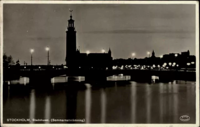 Stockholm Schweden s/w Postkarte 1937 Stadshuset Rathaus Abendstimmung Brücke