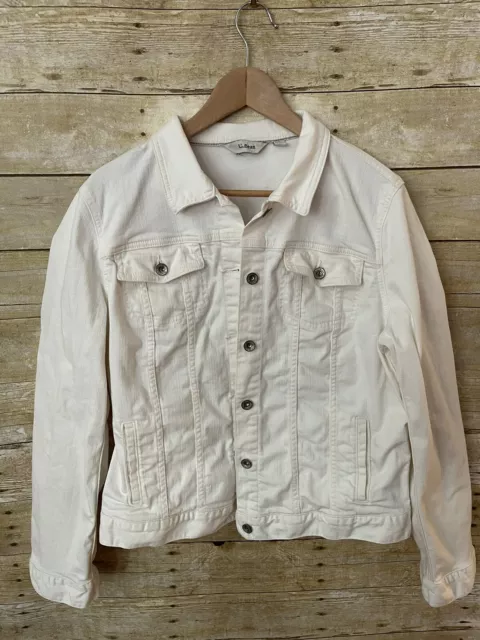 LL BEAN White Cream Denim Jean Jacket Women's Button Up Size: Large