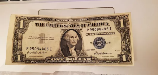 1935 F  $1 Dollar Bill Silver Certificate Blue Seal Note In Very Good Condition