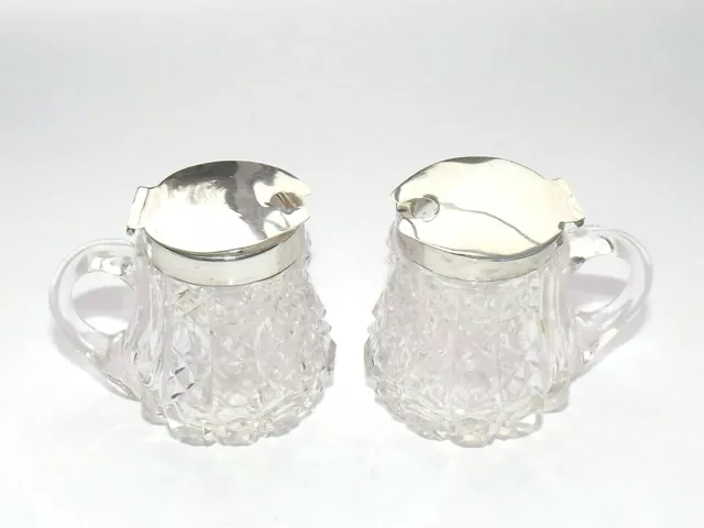 Edwardian Solid Silver Sterling & Glass Pair Of Mustard Pots Cruet Set Bham 1908