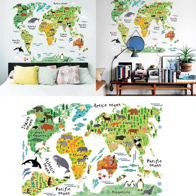 1X ANIMALS WORLD Map Kids Educational Nursery Wall Art Wall Papers ...
