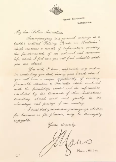 .c1936 Letter ex Australian Prime Minister re Book “Talking Points on Australia”