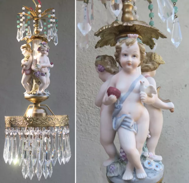 Vintage Porcelain Cherub bird nest chandelier Swag crystal prism lamp Brass tole