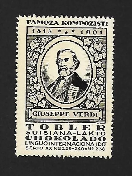 Cinderella Poster Stamp Swiss Werbevignette TOBLER n.236 Guiseppe Verdi (1920s)