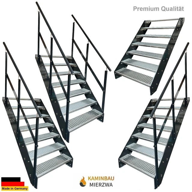 Premium Außen -Treppe 7 Stufen Breite 60-140cm H: 133cm  Wangen & Geländer Anth.