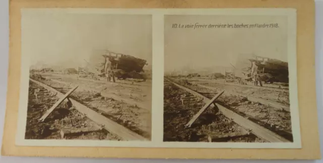 photo stereo militaire poilu 14-18 la voie ferree derriere les boches en flandre