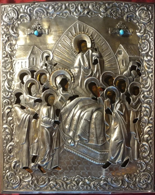 Antigüedad 18c Pintado a Mano 84 Plata Oklad Rusa Icon" Dormition Madre De God