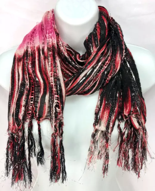 WOMENS OPEN WEAVE Scarf Pink/Black/White Metallic Threads About 22 x 70 ...