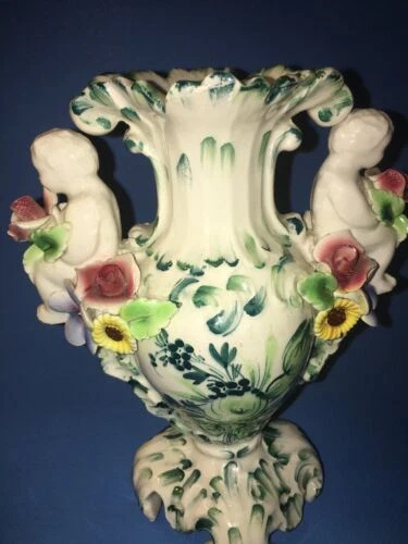 Vintage 7" Italian Porcelain Double Handled Ornate Vase / Urn Cherubs