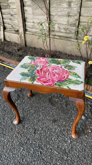 Beautiful Vintage Wooden Tall Stool With Tapestry Top And Bow Legs (C1)