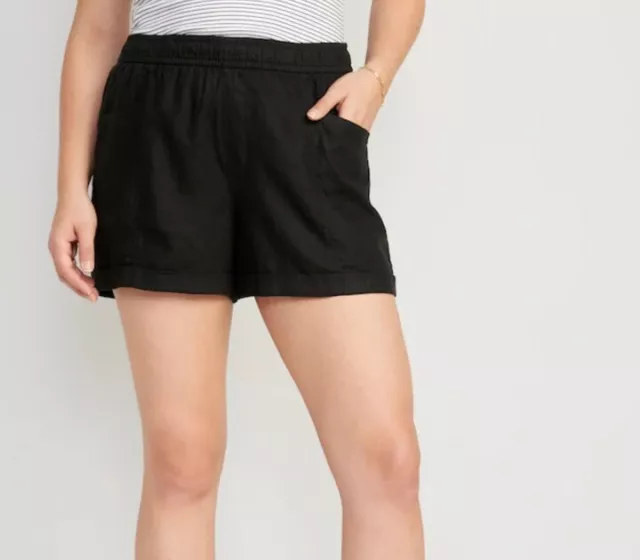 Old Navy Womens Linen Blend Cuffed Elastic Waist Drawstring Black Shorts XL NWT